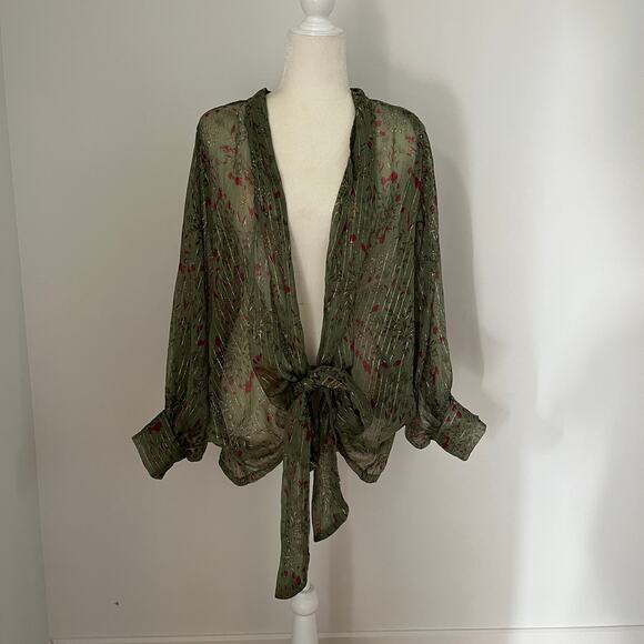 Free People All Tous Kantha Shimmer Tie Kimono Top Blouse Green One Size - Picture 2 of 6